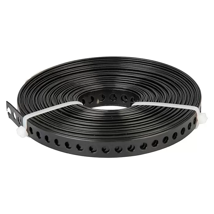 Stabilit Lochband - L x B: 10 m x 12 mm, Stärke: 0,8 mm, Stahl, Schwarz - Schwarzes gelochtes Lochband, mit weißen Kabelbindern gesichert.