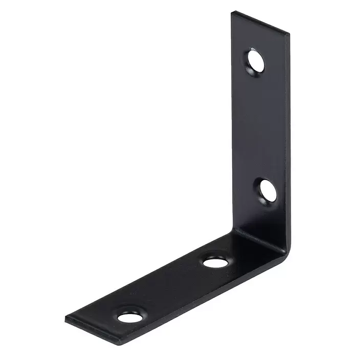 Stabilit Stuhlwinkel - L x B x H: 50 x 15 x 50 mm, Stahl, Beschichtet - Schwarze L-förmige Metallhalterung mit drei Schraublöchern.