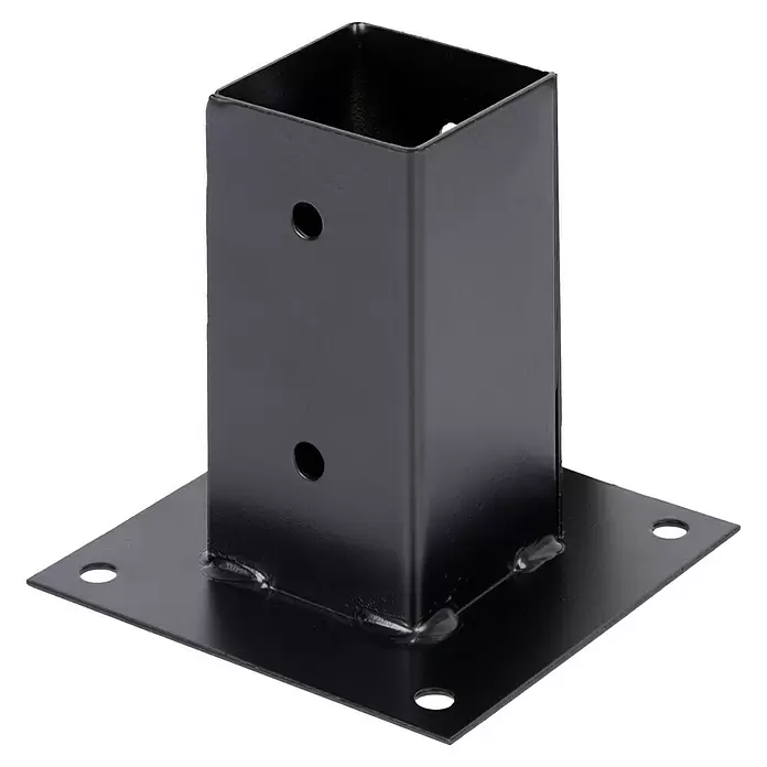 Stabilit Aufschraubhülse - L x B x H: 71 x 71 x 150 mm, Stahl, Pulverbeschichtet - Schwarzer Pfostenträger aus Stahl mit Vierkantrohraufnahme und flacher Bodenplatte mit Befestigungslöchern.