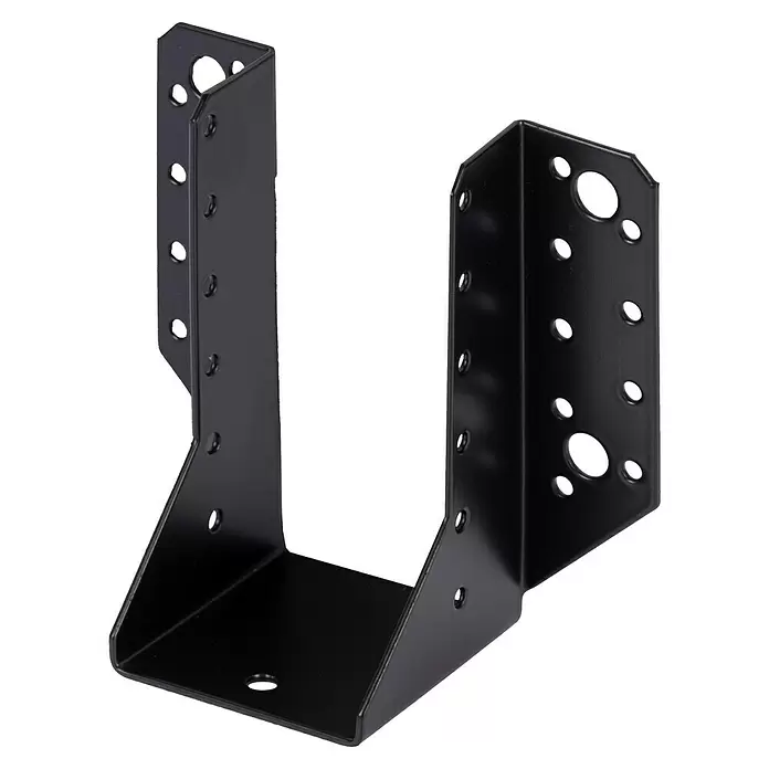 Stabilit Balkenschuh - B x H: 64 x 128 mm, Stahl, Verzinkt - Schwarzer U-förmiger Metallbalkenschuh mit Befestigungslöchern.
