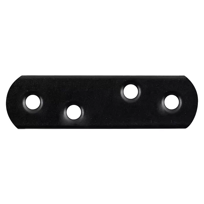 Stabilit Flachverbinder - L x B: 57 x 16 mm, Verzinkt, 1 Stk. - Schwarze rechteckige Metallverbinderplatte mit abgerundeten Enden und vier Schraublöchern.