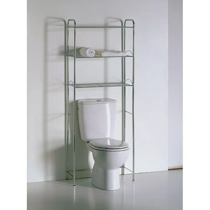 Bath Stage Estantería de baño - Cromo, 60,5 x 25 x 154,5 cm - Esta imagen muestra un inodoro que ahorra espacio con estanterías en un baño, perfecto para guardar artículos de aseo.