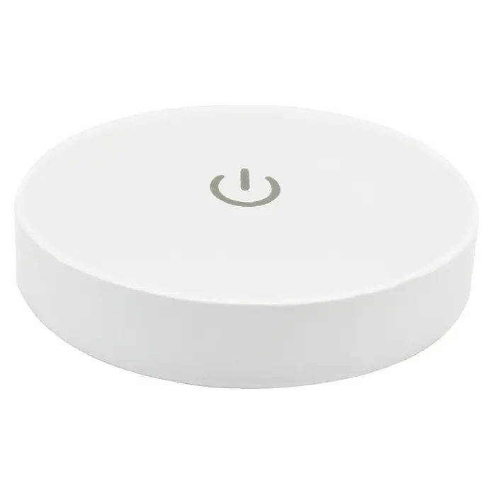 Tween Light Akku-Unterbauleuchte - Weiß, Mehrfarbig - Weißes, rundes elektronisches Gerät mit einem grauen Ein-/Ausschalter-Symbol in der Mitte, das ein minimalistisches und modernes Design bietet.