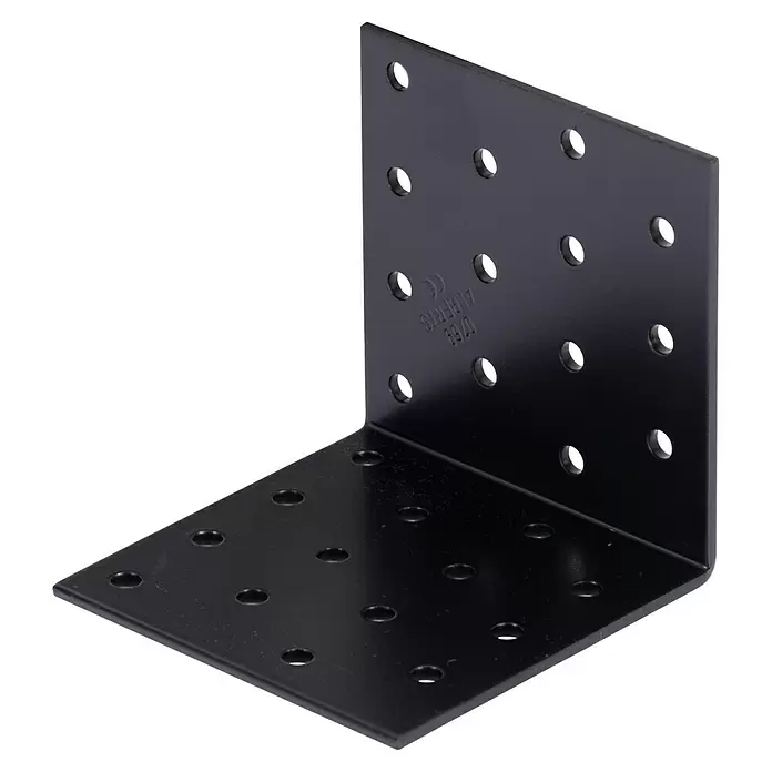 Stabilit Lochplattenwinkel - L x B x H: 80 x 80 x 80 mm, Beschichtet, Stärke: 2,5 mm - Schwarzer L-förmiger Metalleckverbinder mit Schraublöchern für Möbel oder Strukturstützen.
