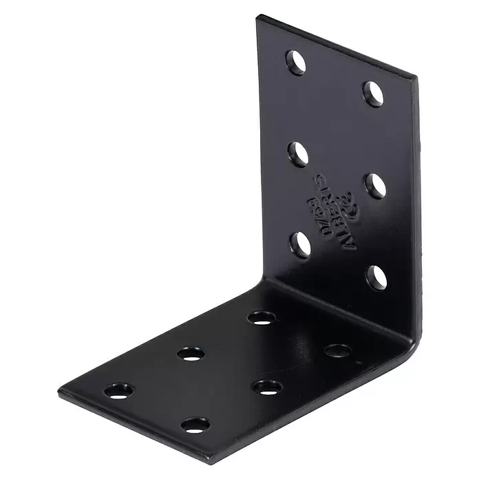 Stabilit Lochplattenwinkel - L x B x H: 60 x 60 x 40 mm, Beschichtet, Stärke: 2,5 mm - Schwarzer Metall-Winkelverbinder mit mehreren Schraublöchern, geprägt mit '0769 ALBERTS'.