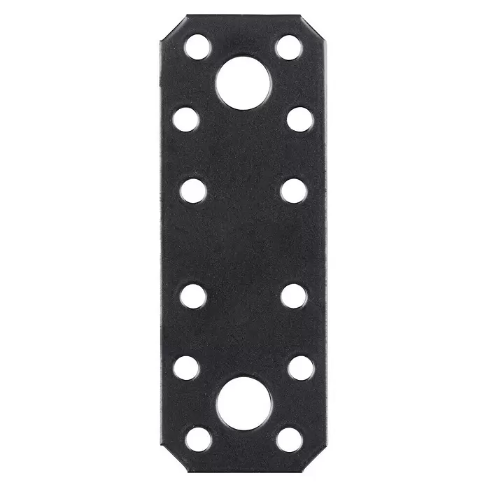 Stabilit Flachverbinder - L x B: 96 x 35 mm, Verzinkt, 1 Stk. - Dunkelgraue Metall-Verbindungsplatte mit zwei großen Mittellöchern und mehreren kleineren Befestigungslöchern.
