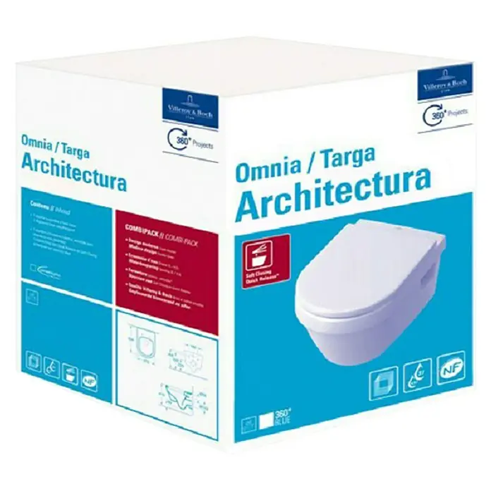 Villeroy & Boch Architectura Wand-WC-Set Typ 1 - Spülrandlos, Mit schmutzabweisender Glasur, Spülform: Tief, WC Abgang: Waagerecht, Weiß - Kartonverpackung für Villeroy & Boch Omnia/Targa Architectura WC-Set mit Soft-Closing-Funktion und Quick-Release-Technologie.