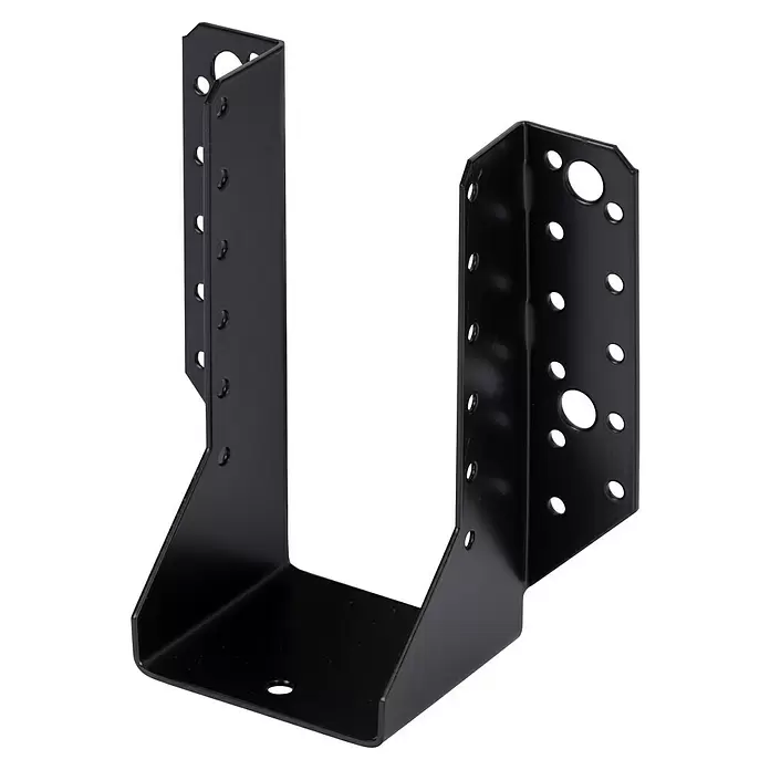 Stabilit Balkenschuh - B x H: 76 x 152 mm, Stahl, Verzinkt - Schwarzer U-förmiger Metallbalkenschuh mit mehreren Befestigungslöchern.