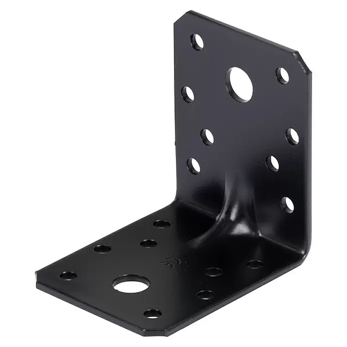 Stabilit Schwerlast-Winkelverbinder - L x B x H: 70 x 55 x 70 mm, Verzinkt - Schwarzer Metall-L-Winkel mit vorgebohrten Löchern.