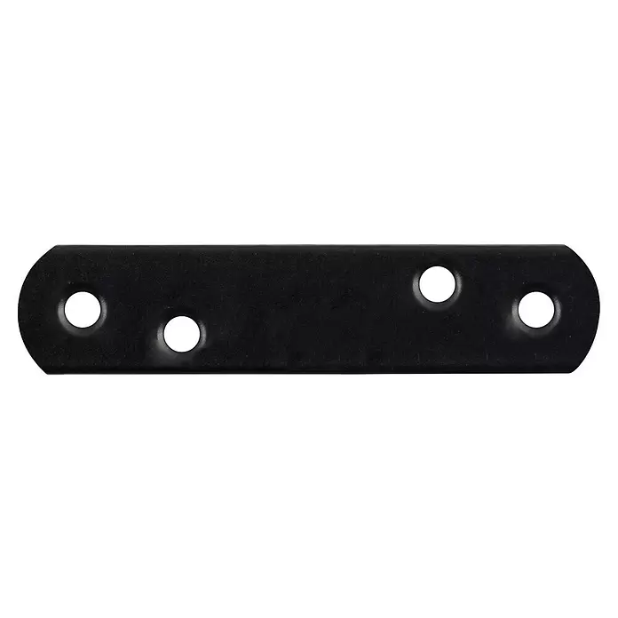 Stabilit Flachverbinder - L x B: 77 x 19 mm, Verzinkt, 1 Stk. - Schwarze, flache Metallverbindungsplatte mit abgerundeten Enden und vier versenkten Schraubenlöchern.