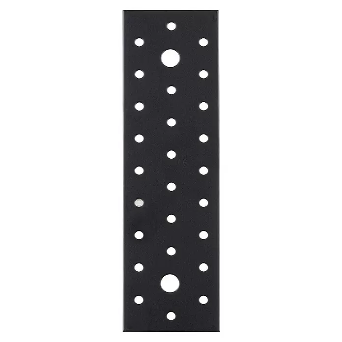 Stabilit Lochplatte - B x L: 60 x 200 mm, Schwarz, Stärke: 2 mm - Dunkelgraue rechteckige Platte mit verschiedenen kreisförmigen Perforationen.
