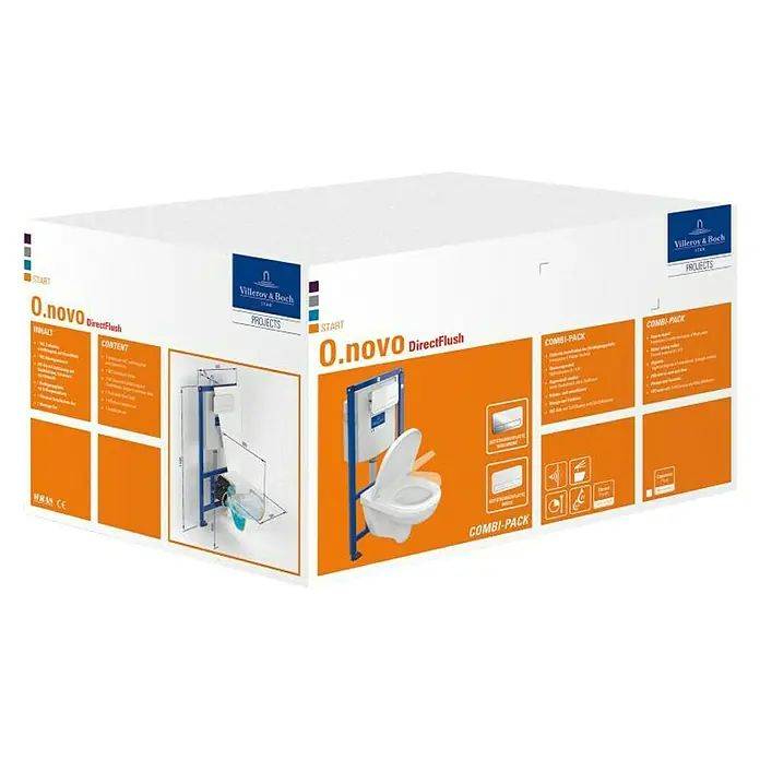Villeroy & Boch O.novo Wand-WC-Set - Spülrandlos, Ohne Spezialglasur, Spülform: Tief, WC Abgang: Waagerecht, Betätigungsplatte weiß - Verpackung eines Villeroy & Boch O.novo DirectFlush Combi-Packs, das ein komplettes WC-Set für Projekte enthält.
