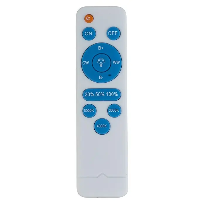 Lavida LED-Deckenleuchte rund Fondi - 28 W, Ø x H: 41 x 10 cm, Weiß - Nahaufnahme einer weißen Fernbedienung mit blauen Knöpfen, die verschiedene Lichtoptionen steuern.