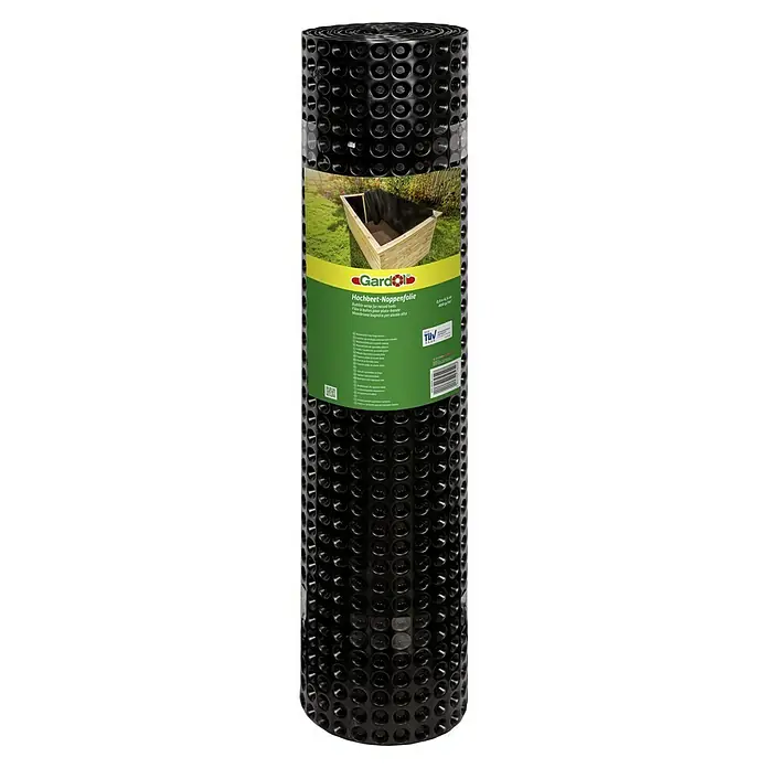 Gardol Hochbeet-Noppenfolie - 0,9 x 6,5 m - Abbildung einer Rolle Gardol Hochbeet-Noppenfolie, ideal zum Schutz von Hochbeeten und zur besseren Drainage, umgeben von Noppen.