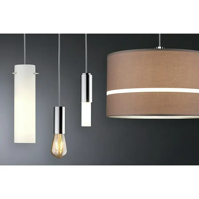 Paulmann URail 2Easy Pendelleuchte Basic - 20 W, Chrom, Höhe: 150 cm - Eine Nahaufnahme von vier Hängelampen mit unterschiedlichen Designs vor einem grauen Hintergrund.