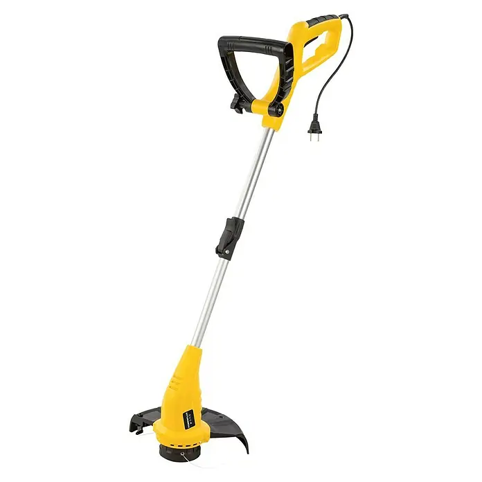 PowerPlus Recortabordes eléctrico POWEG30020 - 300 W, Ancho de corte hilo: 25 cm - Imagen de un cortabordes amarillo. La herramienta cuenta con mango ajustable y eje telescópico para un uso cómodo en el jardín.