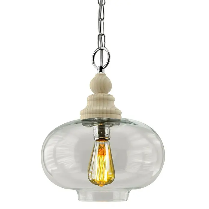 Lámpara colgante Monsaraz - 40 W, L x An x Al: 30 x 30 x 60 cm, Roble, E27 - Una lámpara colgante moderna con pantalla de vidrio transparente y detalles en madera clara que emite un brillo ambiental cálido.