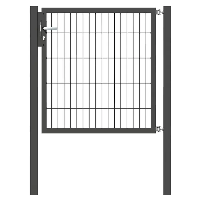 Alberts Zauntor Flexo - 100 x 150 cm, Anthrazit, Stahl - Graues Metallgittertor mit Griff und Schloss, zwischen Pfosten montiert.