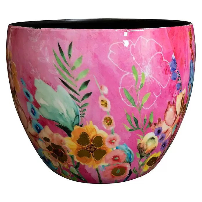 Ter Steege Übertopf rund Fiesta Fuchsie - Ø x H: 21 x 16 cm, Metall, Rosa/Pink - Rosafarbener Keramik-Pflanztopf mit bunten Blumenmustern und schwarzer Innenseite.