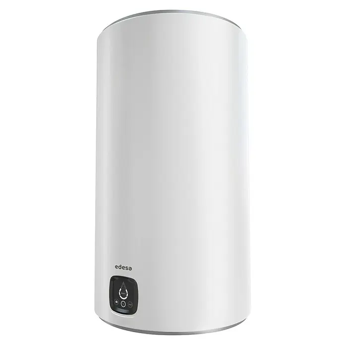 Edesa Termo eléctrico Digital - 100 l, 2.000 W, Montaje en la pared - Primer plano de un calentador de agua Edesa blanco y redondo con un panel de control negro. Diseño elegante para hogares modernos.