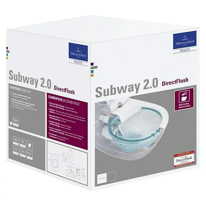 Villeroy & Boch Subway 2.0 Wand-WC-Set - Spülrandlos, Mit schmutzabweisender Glasur, Spülform: Tief, WC Abgang: Waagerecht, Weiß - Verpackung für Villeroy & Boch Subway 2.0 DirectFlush Wand-WC-Set, mit Soft Closing und Quick Release Funktion.
