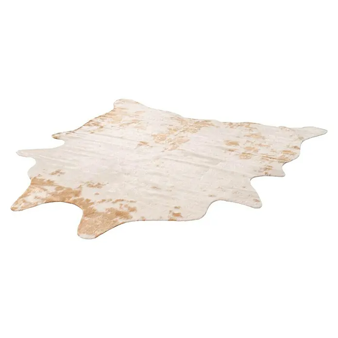 Piel sintética - Vaca, Beige, 200 x 150 cm, 100 % poliéster - Alfombra de piel de vaca beige con forma irregular y estampado moteado, ideal para espacios de vida con decoración rústica o moderna.
