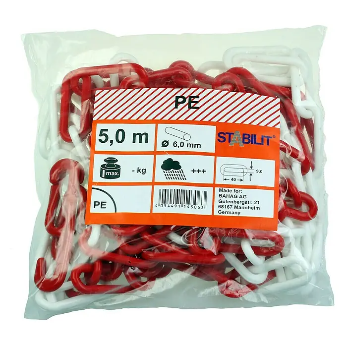 Stabilit Absperrkette - Ø x L: 6 mm x 5 m, Rot/Weiß - Eine 5,0 m lange, rot-weiße Kunststoffkette (PE) von Stabilit, verpackt in einer transparenten Plastiktüte.
