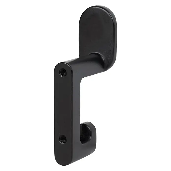 Walteco Garderobenhaken Kloter - L x B x H: 75 x 20,5 x 41 mm, Anzahl Haken: 2 Stk., Mattschwarz - Nahaufnahme einer schwarzen Wandhalterung mit zwei Schraubenlöchern und einem Haken zur Befestigung von Gegenständen.