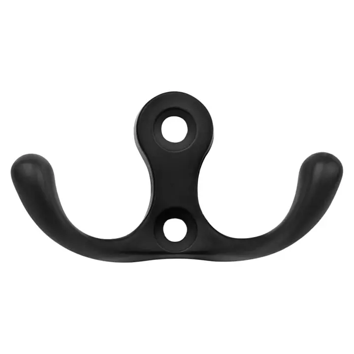 Walteco Garderobenhaken Romero II - L x B x H: 30 x 57 x 28 mm, Anzahl Haken: 2 Stk., Mattschwarz - Nahaufnahme eines mattschwarzen Doppelmantelhaken mit zwei runden Aufhängungspunkten.