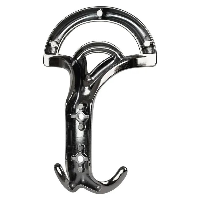 Walteco Garderobenhaken Bolero - L x B x H: 145 x 97 x 52 mm, Anzahl Haken: 2 Stk., Vernickelt Schwarz - Nahaufnahme eines glänzenden, silberfarbenen Wandhaken mit einem einzigartigen, geschwungenen Design und Befestigungslöchern für die Wandmontage.