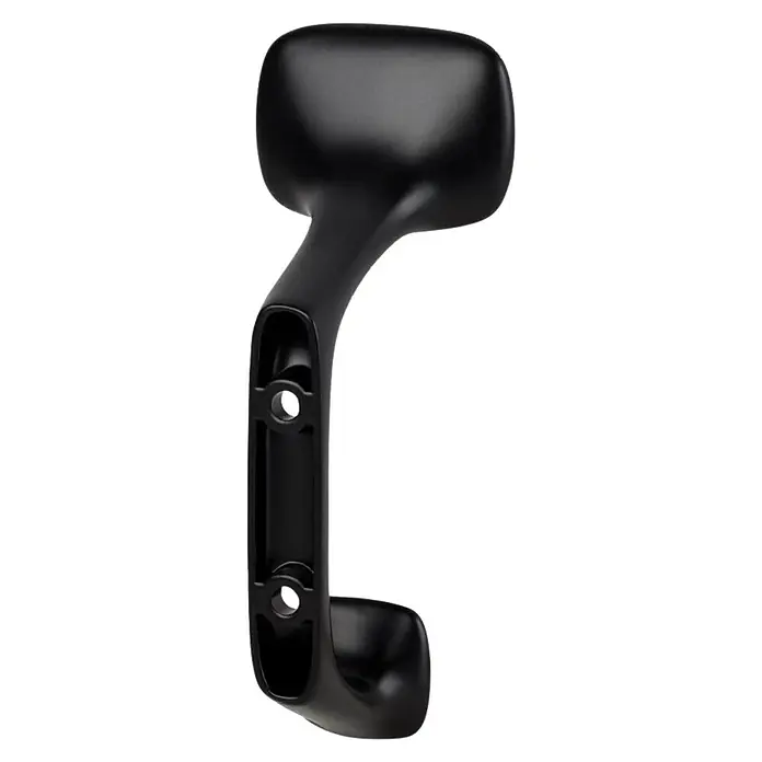 Walteco Garderobenhaken Montorio - L x B x H: 110 x 45 x 40 mm, Anzahl Haken: 2 Stk., Schwarz - Nahaufnahme einer schwarzen, gebogenen Halterung mit Löchern zur Befestigung. Ideal zur sicheren Anbringung verschiedener Geräte.