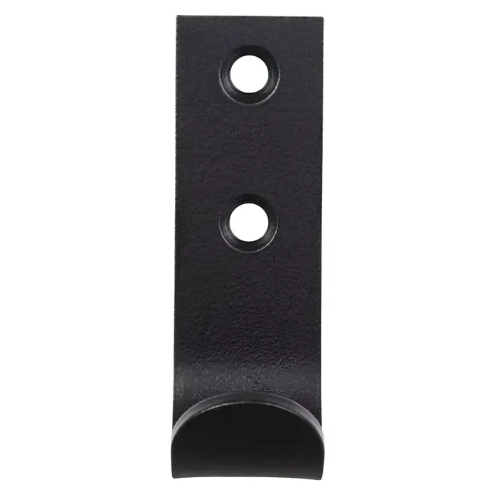 Walteco Garderobenhaken A1 - L x B x H: 60 x 20,2 x 30,5 mm, Anzahl Haken: 1 Stk., Schwarz - Nahaufnahme eines schwarzen Wandhakens aus Metall mit zwei Befestigungslöchern und einer gebogenen Hakenform für Jacken und andere Gegenstände.