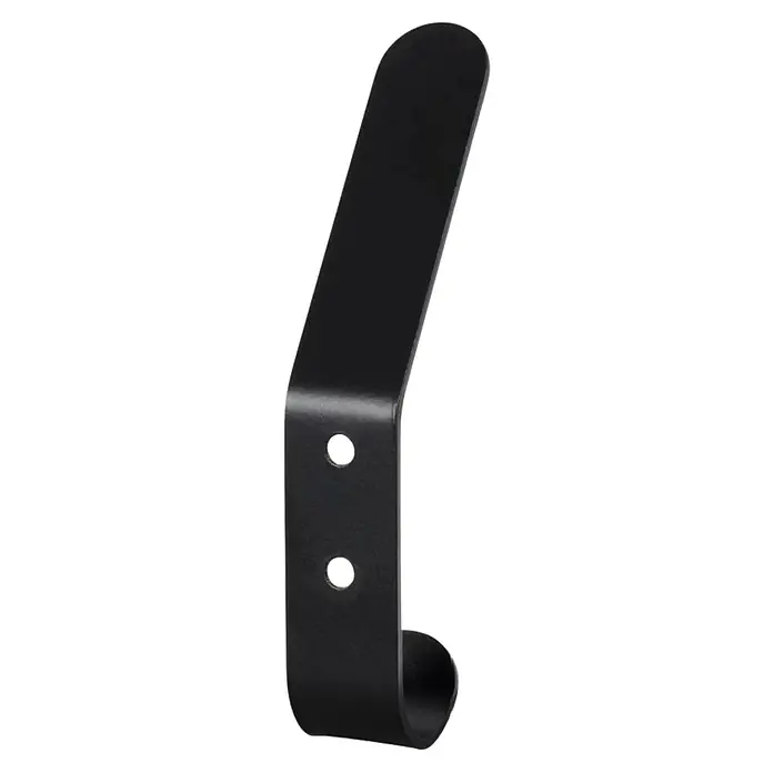 Walteco Garderobenhaken A2 - L x B x H: 119 x 20,2 x 45 mm, Anzahl Haken: 2 Stk., Schwarz - Nahaufnahme eines schwarzen Garderobenhakens aus Metall mit abgerundetem Ende und zwei Befestigungslöchern.