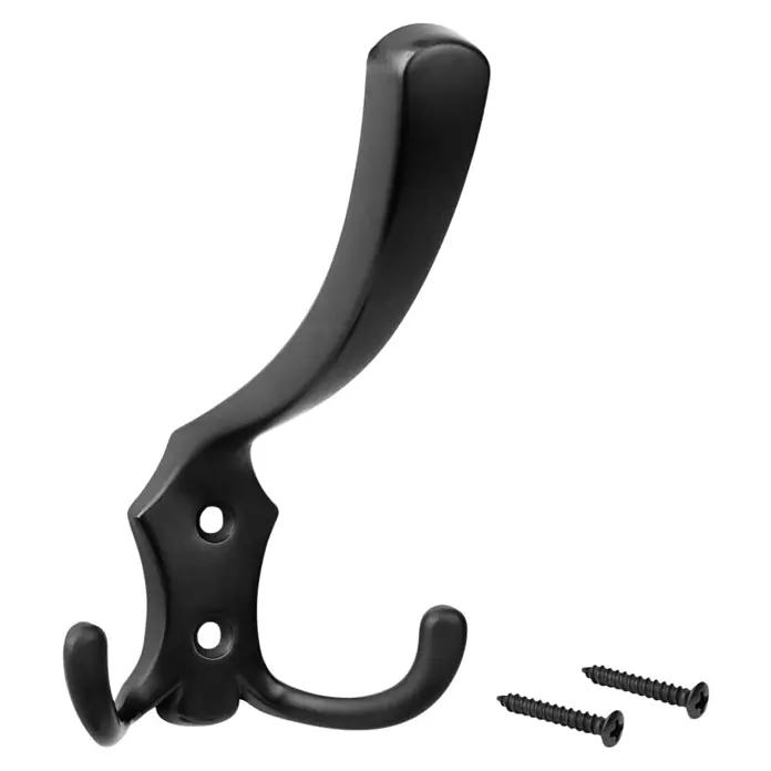 Walteco Garderobenhaken Romana I - L x B x H: 125 x 77 x 75 mm, Anzahl Haken: 3 Stk., Mattschwarz - Eine schwarze Doppel-Garderobenhaken mit Schrauben auf schwarzem Hintergrund. Perfekt für jeden Raum im Haus oder Büro.