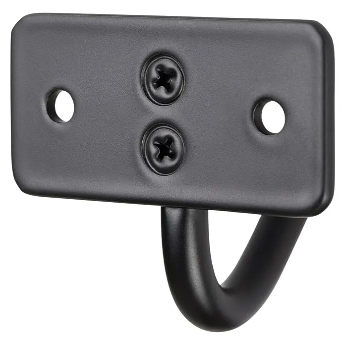 Walteco Garderobenhaken - L x B x H: 53 x 60 x 44 mm, Anzahl Haken: 1 Stk., Mattschwarz - Nahaufnahme eines schwarzen Mantelhaken mit Schrauben und Befestigungslöchern an einer schwarzen Wand.