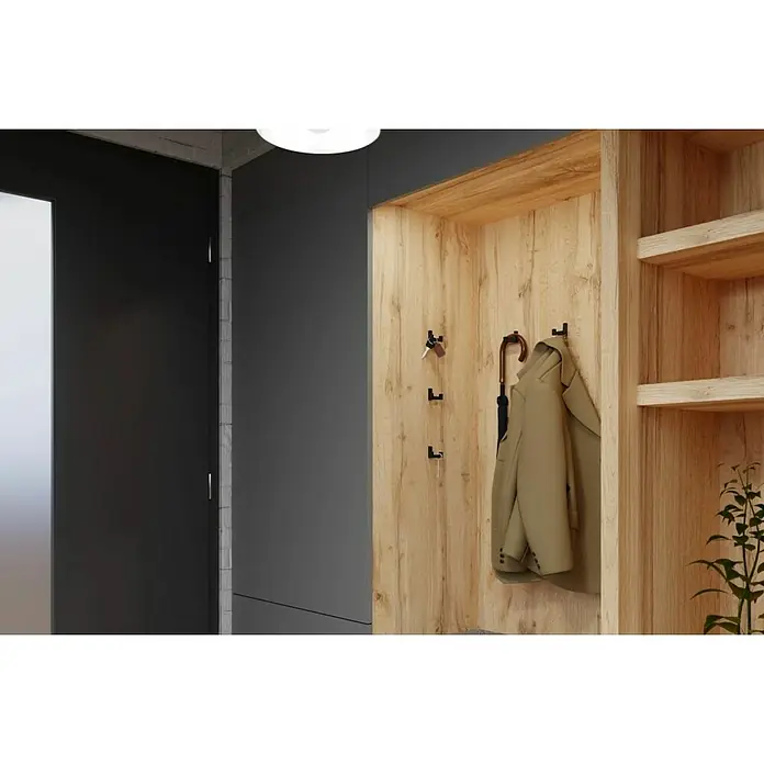 Walteco Garderobenhaken Regen I - L x B x H: 52 x 40 x 40 mm, Anzahl Haken: 2 Stk. - Eine Garderobe mit Haken für Schlüssel und Jacke sowie Regalen für Dekoration und Aufbewahrung. Die Farben sind neutral gehalten.