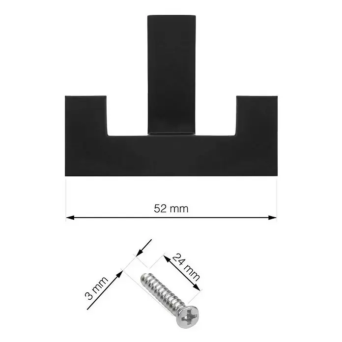 Walteco Garderobenhaken Regen I - L x B x H: 52 x 40 x 40 mm, Anzahl Haken: 2 Stk. - Abbildung eines T-förmigen Wandhaken für Badaccessoires mit den Maßen 52mm Länge, sowie eine Schraube von 24mm Länge und 3mm Durchmesser.