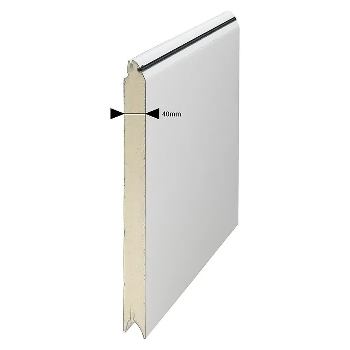 Solid Elements Garagentor Eco Solid Pro - B x H: 2.500 x 2.125 mm, Anthrazitgrau/Weiß, Woodgrain - Ansicht eines weißen Wandpaneels mit einer Dicke von 40 mm, ideal für den Innenausbau.