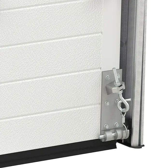Solid Elements Garagentor Solid Pro - B x H: 2.500 x 2.125 mm, Verkehrsweiß, Glatt - Nahaufnahme einer weißen Garagentorplatte mit seitlicher Stahlhalterung und Federung für reibungslosen Betrieb.