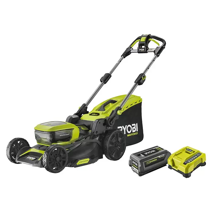 Ryobi Max Power Akku-Rasenmäher RY36LMX46A-150 - 36 V, 1 Akku, 5 Ah, Schnittbreite: 46 cm - Grüner und schwarzer Ryobi Akku-Rasenmäher mit 5,0Ah Akku und gelbem Ladegerät.