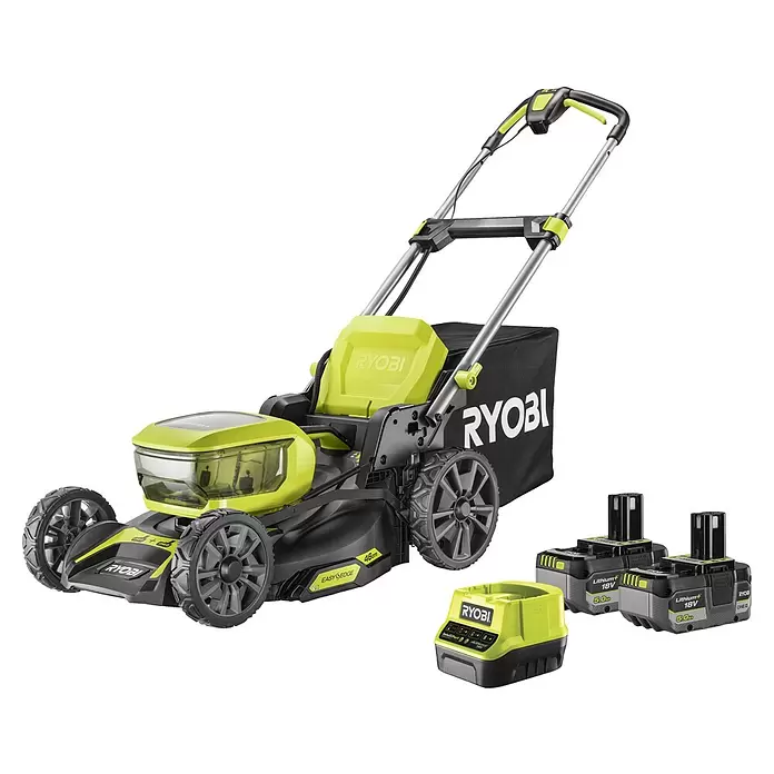 Ryobi ONE+ Akku-Rasenmäher RY18LMX46A-250 - 18 V, 2 Akkus, 5 Ah, Schnittbreite: 46 cm - Ryobi Akku-Rasenmäher (limettengrün/schwarz, 46cm) mit zwei 18V 5.0Ah Akkus und Ladegerät.