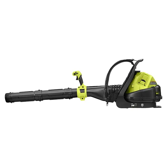 Ryobi Max Power Akku-Laubbläser RY36BPXB-0 Whisper - Ohne Akku, Blasgeschwindigkeit: 277 km/h, Blasleistung: 20,2 m³/min - Ein gelb-schwarzer Akku-Bläser mit Rückenstütze und verstellbarem Griff für komfortables und effizientes Laubblasen im Garten.