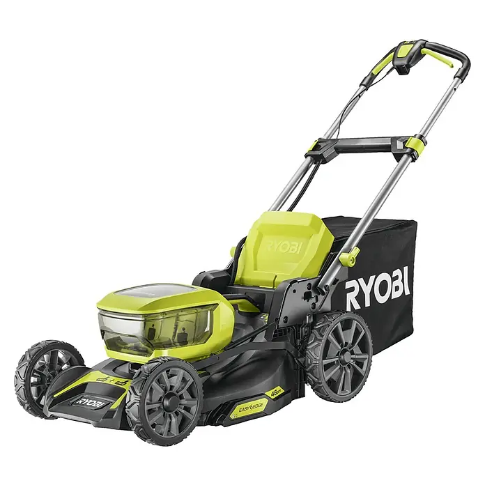 Ryobi ONE+ Akku-Rasenmäher RY18LMX46A-0 - 18 V, Ohne Akku, 5 Ah, Schnittbreite: 46 cm - Der Ryobi Akku-Rasemäher ist ein Gartengerät mit einem Grasfangsack und einem hellgrünen Akku zur kabellosen Nutzung.