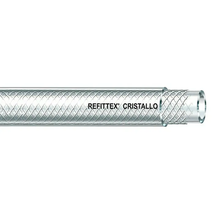 Fitt Manguera de PVC a metros Refittex Cristallo - Diámetro: 16 mm - Esta imagen muestra una manguera Refittex Cristallo transparente con un patrón reticular plateado.
