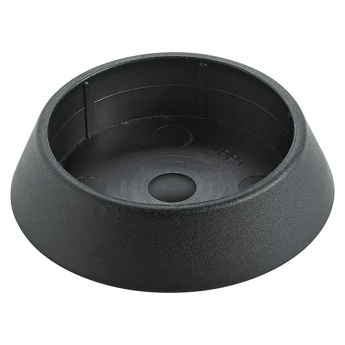 Hettich Fußkappe - Durchmesser: 60 mm, Schwarz - Nahaufnahme einer schwarzen Sockelrosette aus Kunststoff, verwendet für Möbelbeine oder Stützpfosten.