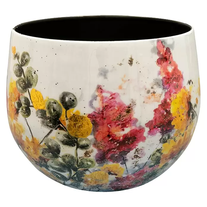 Ter Steege Übertopf rund Floral White - Ø x H: 13 x 13 cm, Metall, Cremeweiß - Rundes Gefäß mit schwarzer Innenseite und weißer Außenseite mit lebhaften abstrakten Blumenmustern.