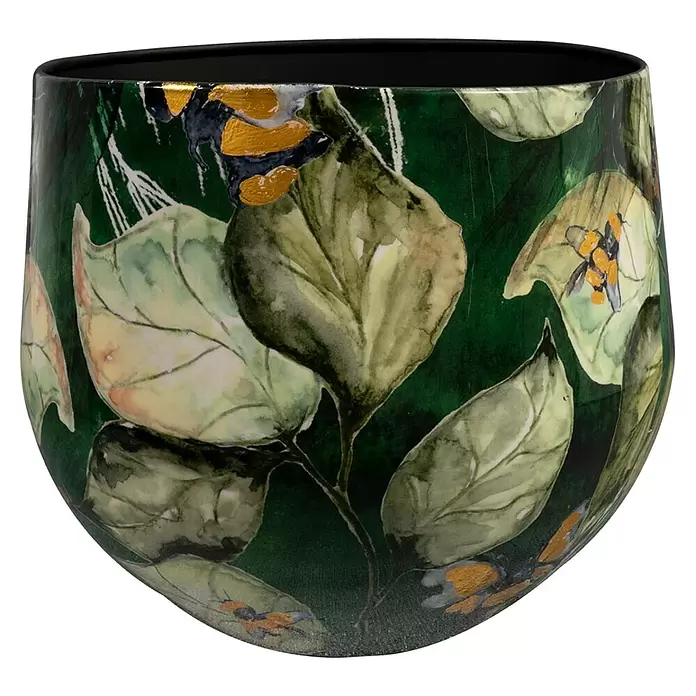 Ter Steege Übertopf rund Bee - Ø x H: 30 x 28 cm, Metall, Grün - Dunkelgrüner Glastopf mit botanischem Design: Aquarellblätter und goldene Schmetterlinge.