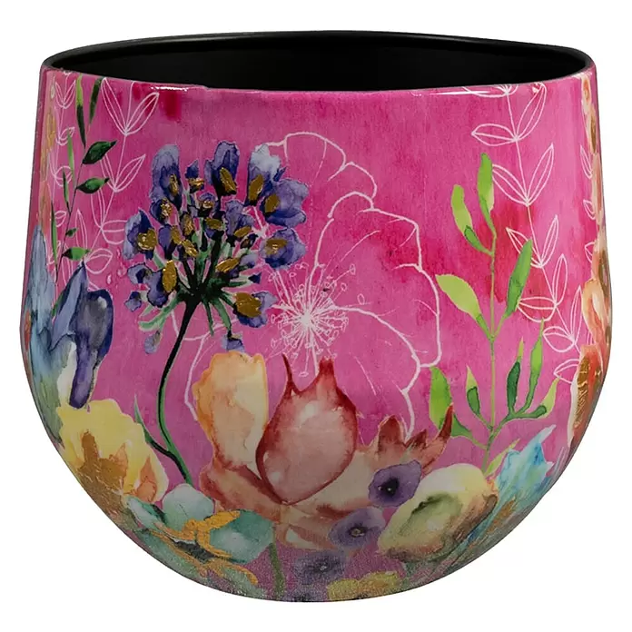 Ter Steege Übertopf rund Fiesta Fuchsie - Ø x H: 24 x 21 cm, Metall, Rosa/Pink - Rosa Deko-Topf mit floralem Aquarell-Design, blauen, lila und orangen Blüten, grünen Blättern und goldenen Akzenten, schwarzem Rand.