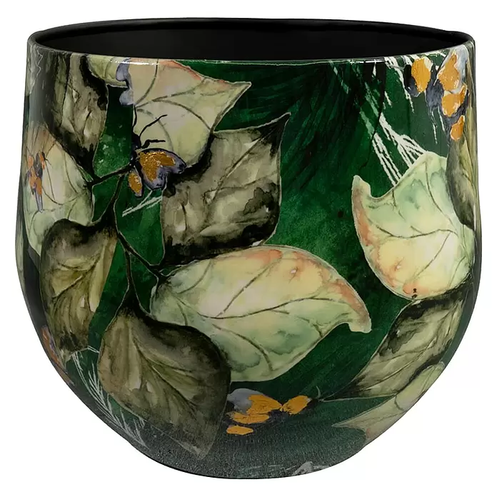 Ter Steege Übertopf rund Bee - Ø x H: 25 x 25 cm, Metall, Grün - Grüner Keramiktopf mit aquarellartigem Blätter- und Schmetterlingsdesign, innen schwarz.