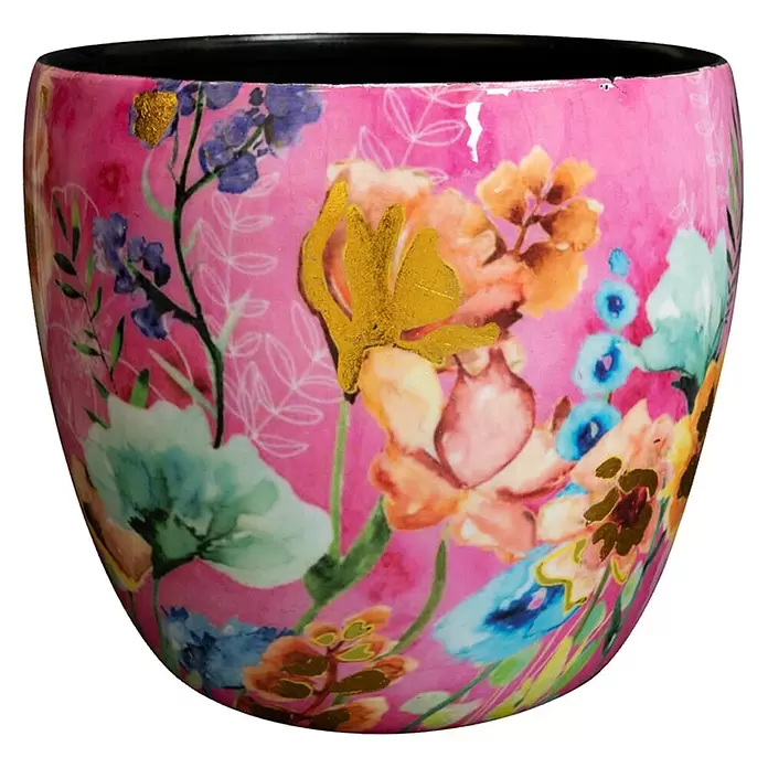 Ter Steege Übertopf rund Fiesta Fuchsie - Ø x H: 17 x 15 cm, Metall, Rosa/Pink - Rosa Pflanztopf mit lebhaftem Blumendesign und goldenen Akzenten, schwarzem Rand.
